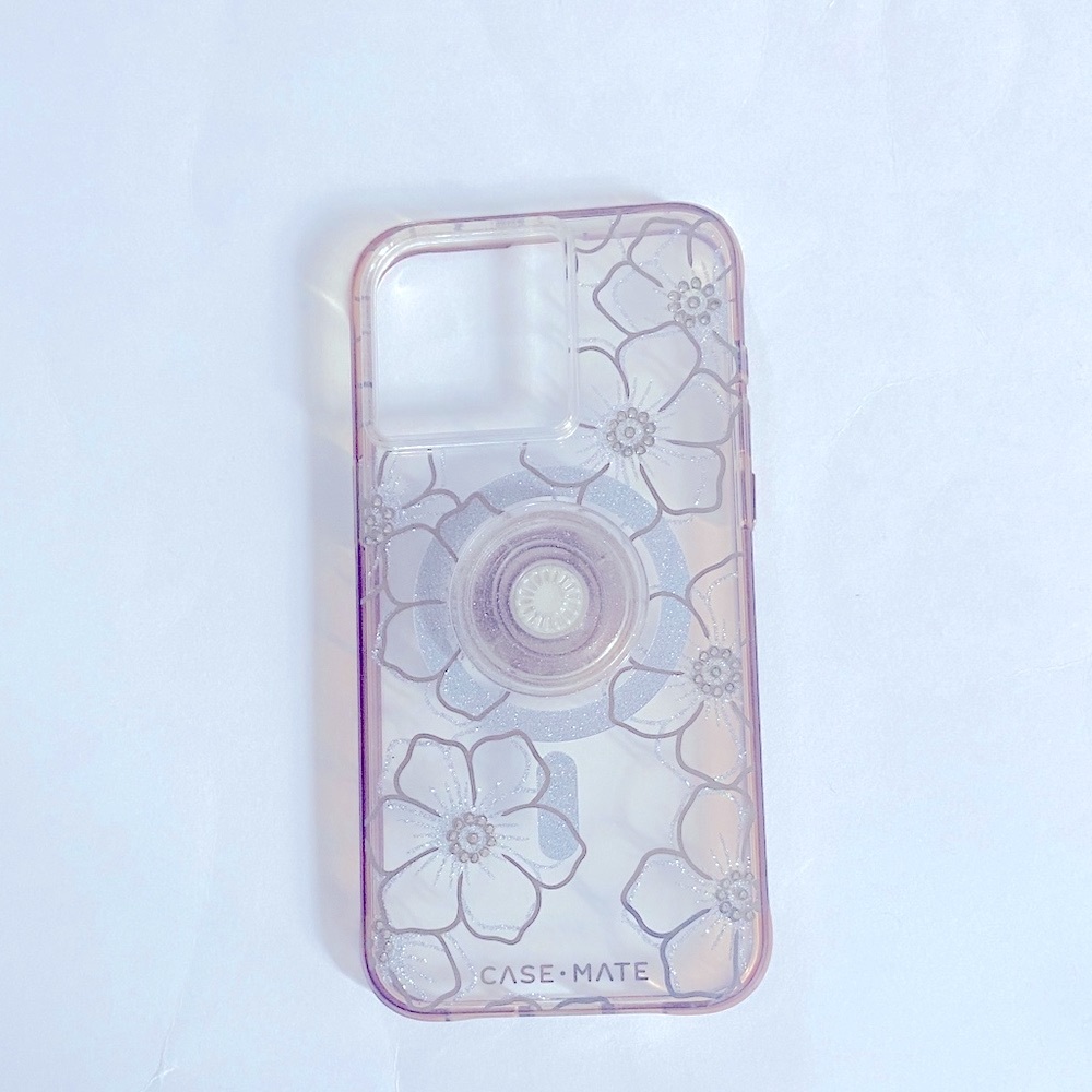 15 Pro Max Case-Mate Clear Floral Phone Case with Ring Holder - Pink and Silver